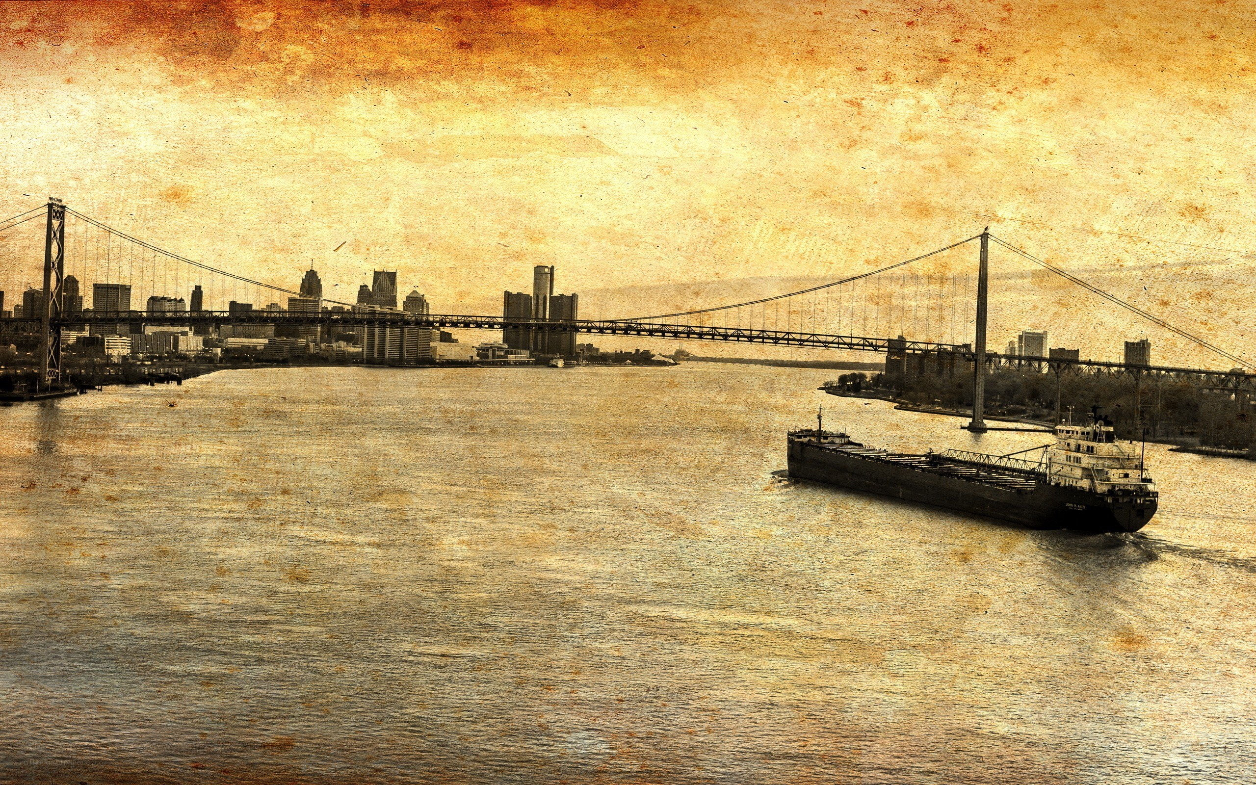 City skyline with bridge and ship