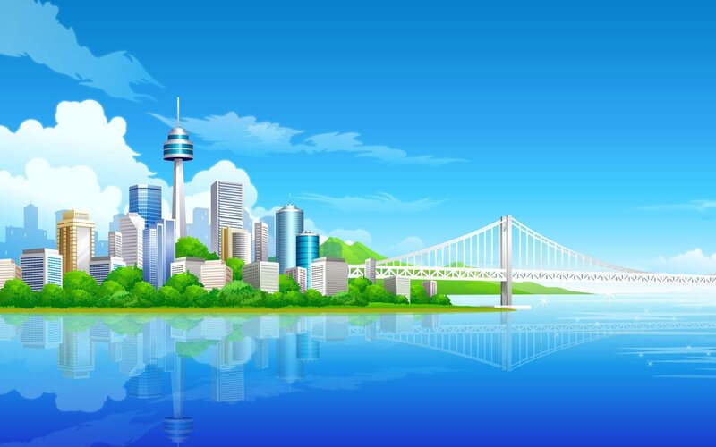 City Skyline with Bridge — Blue, Serene, Afternoon