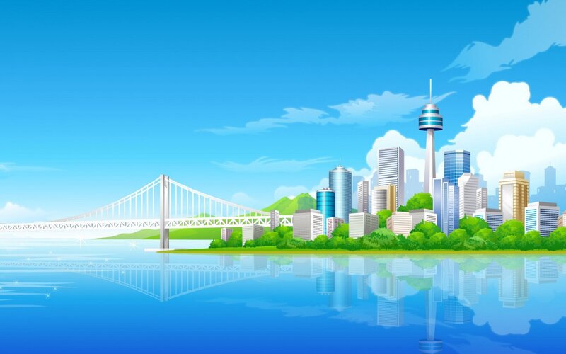 City Skyline with Bridge — Blue