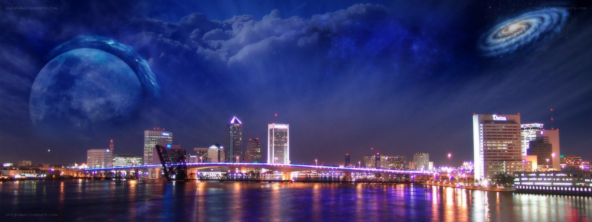 City skyline with celestial bodies