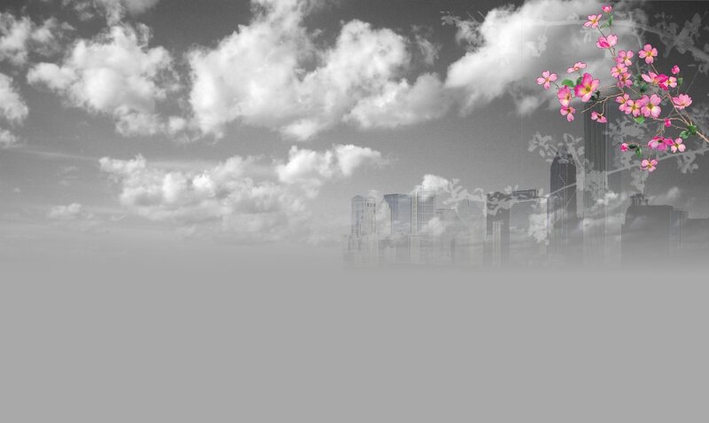 city skyline with cherry blossoms