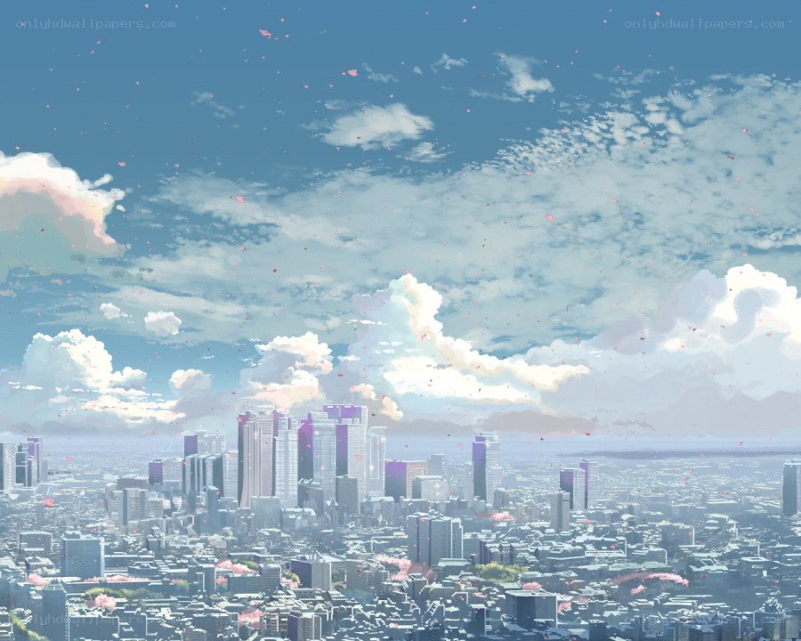 City skyline with cherry blossoms
