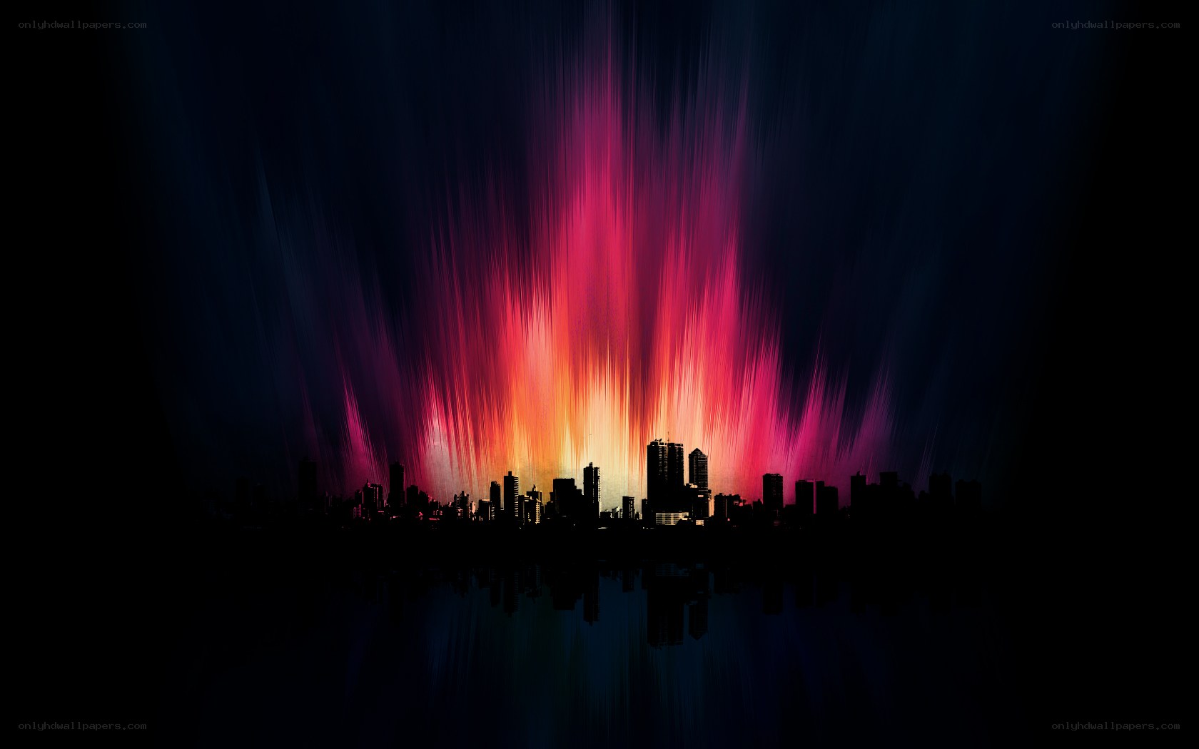 City skyline with colorful lights