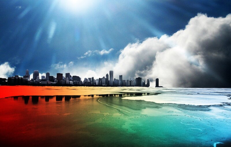 City skyline with colorful water