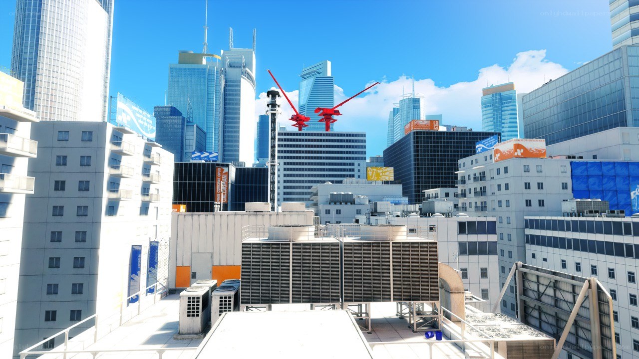 city skyline with cranes
