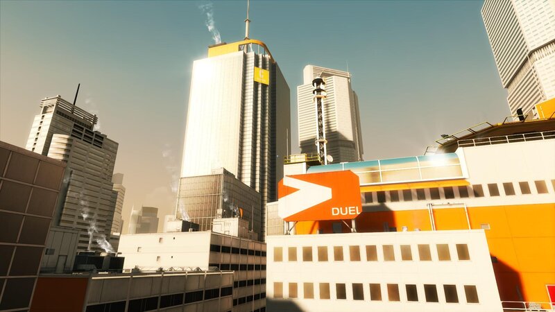city skyline with duel sign