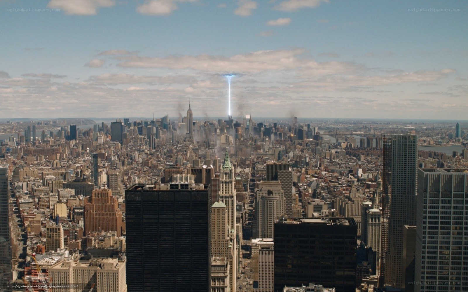 City skyline with energy beam