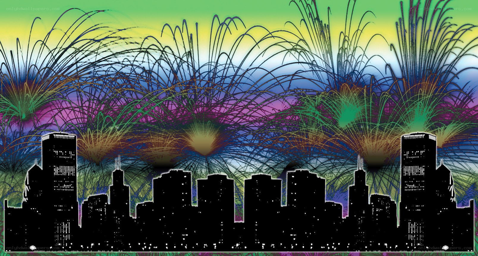 City skyline with fireworks