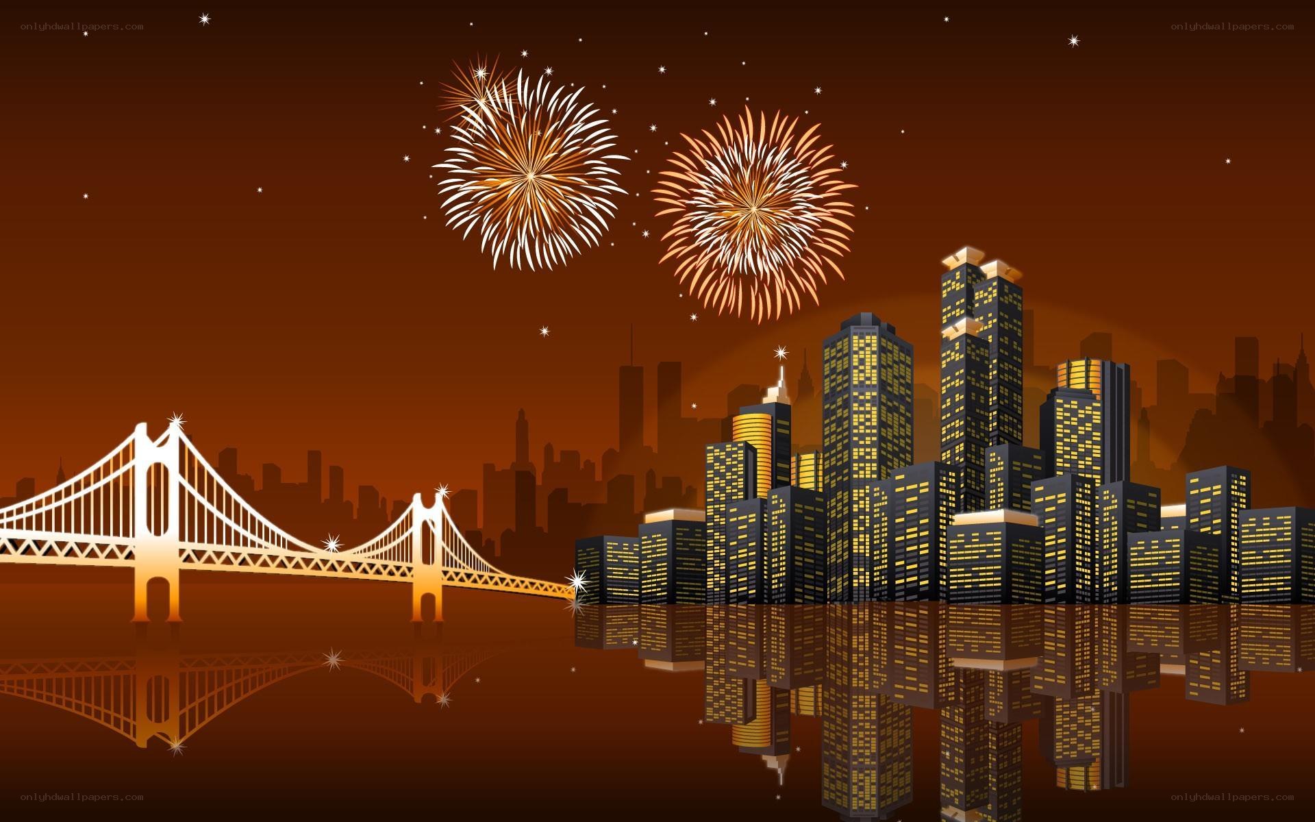 City skyline with fireworks