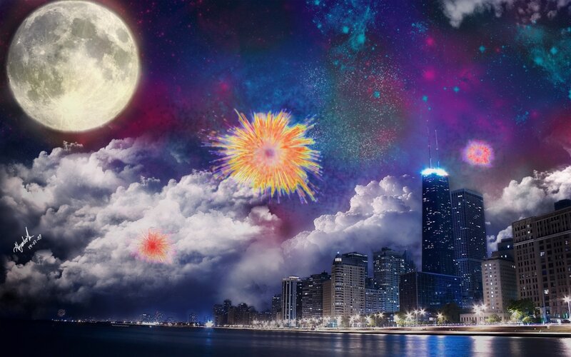 City skyline with fireworks and moon