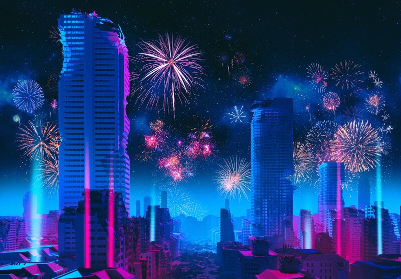 City Skyline with Fireworks — Blue