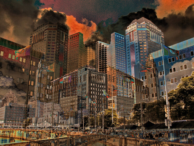 City Skyline with Flags — Blue