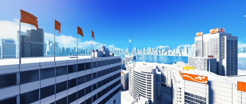 city skyline with flags