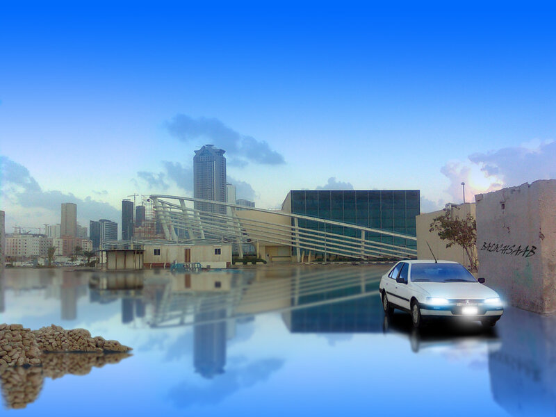 City skyline with flooded street