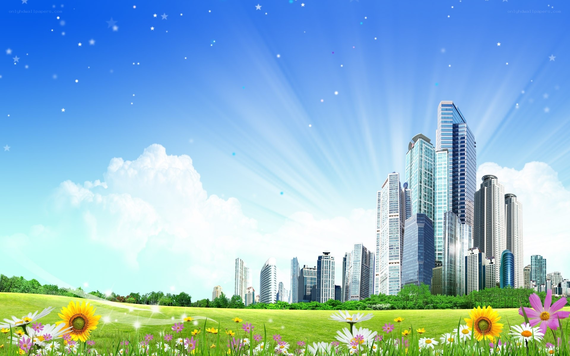 City skyline with flowers
