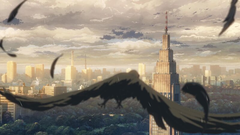 City skyline with flying birds