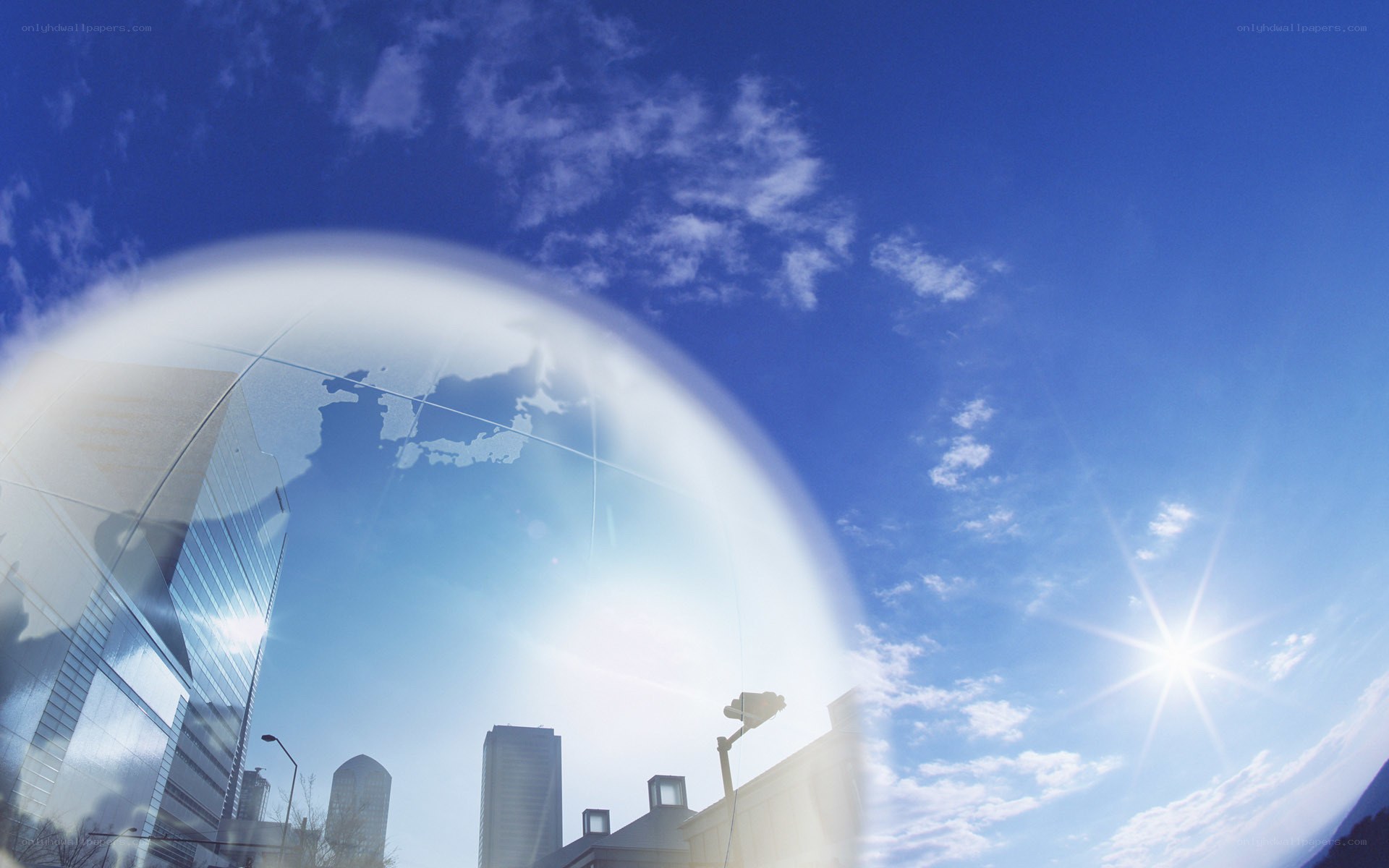 City skyline with globe reflection