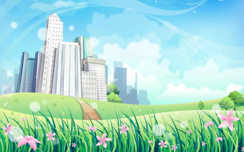 City skyline with green hills