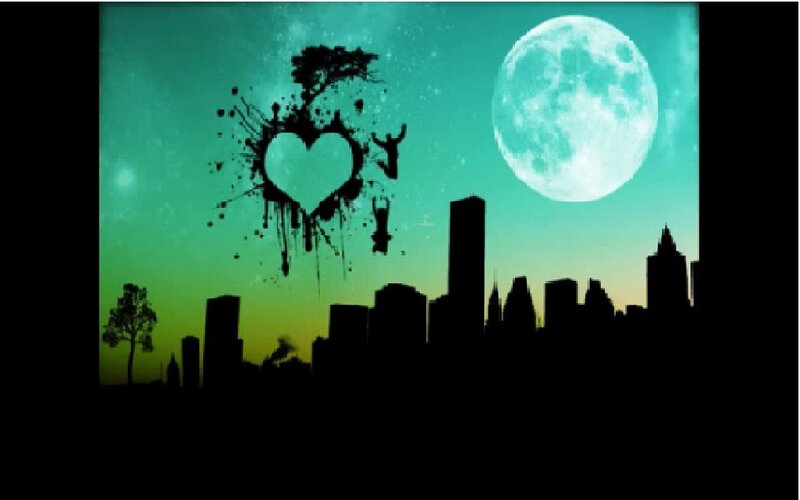 city skyline with heart and moon