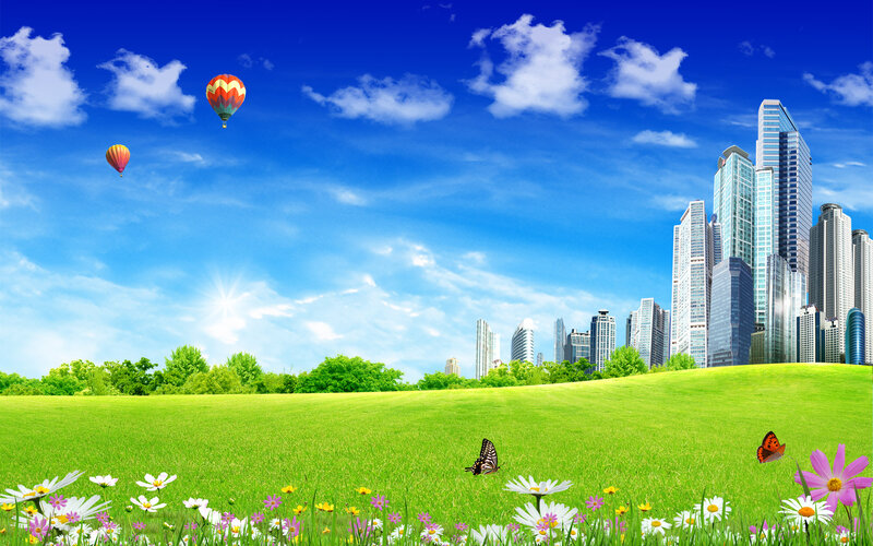 City skyline with hot air balloons