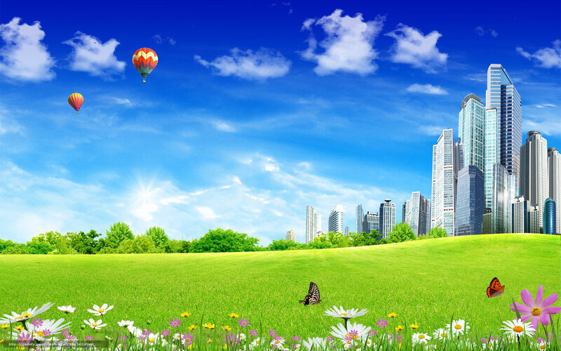 City skyline with hot air balloons