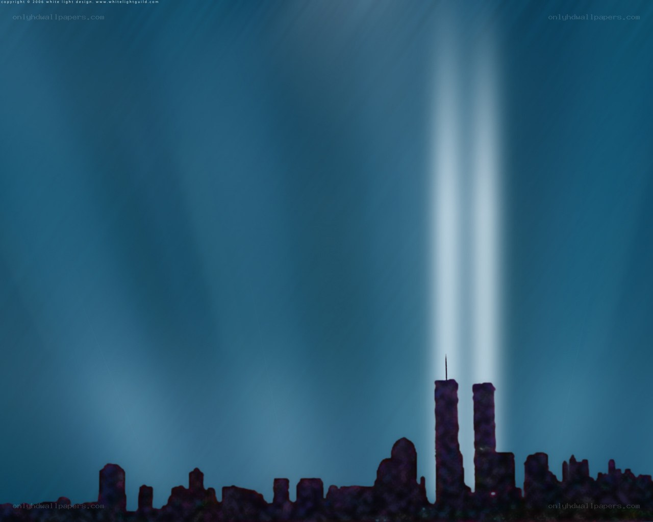City skyline with light beams