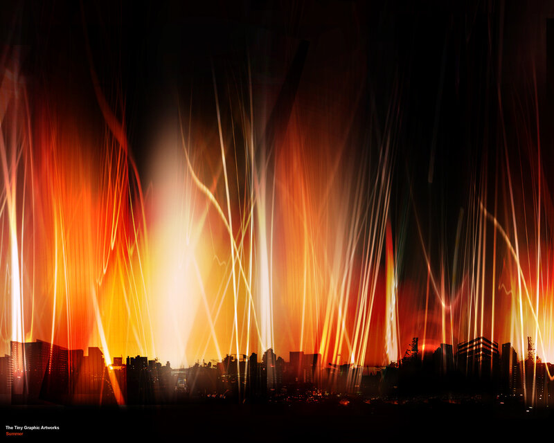 City skyline with light beams