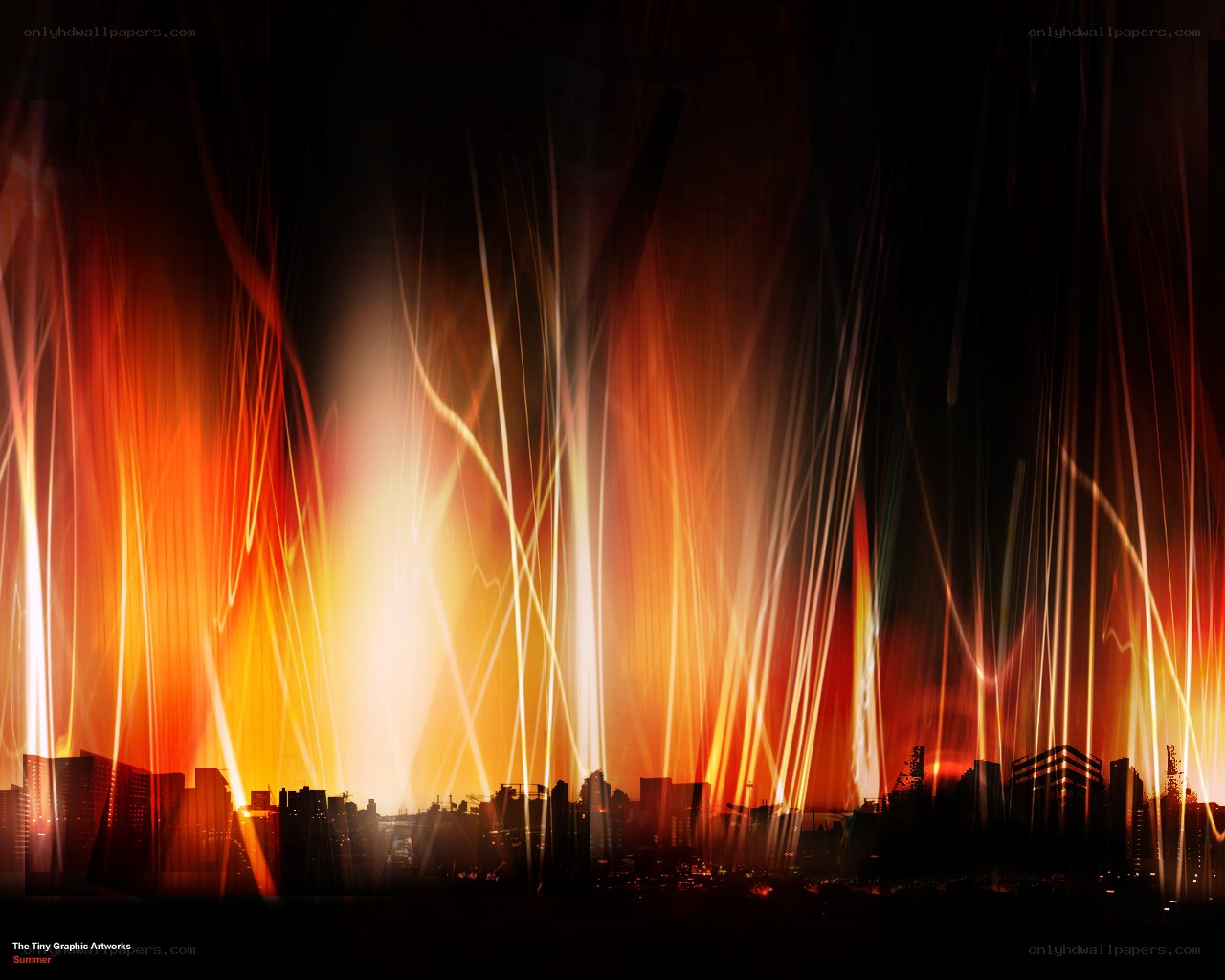 City skyline with light beams