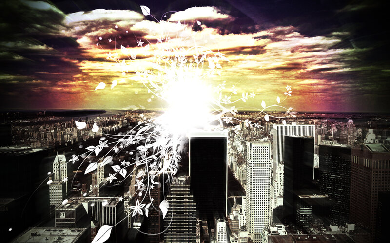 City skyline with light burst