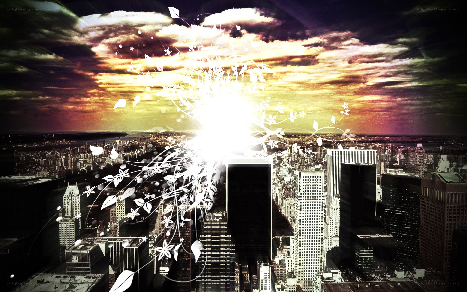 City skyline with light burst