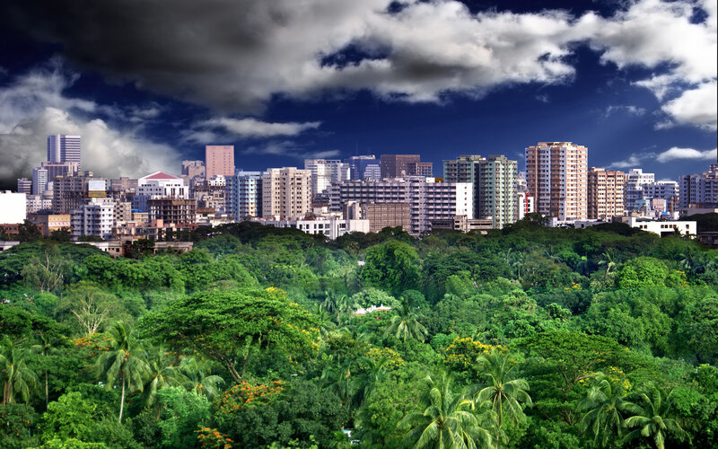 City skyline with lush green trees
