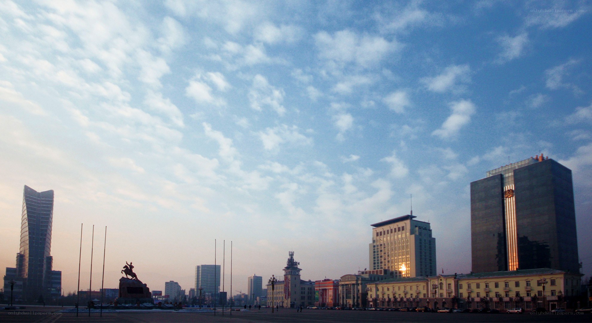 City skyline with monument