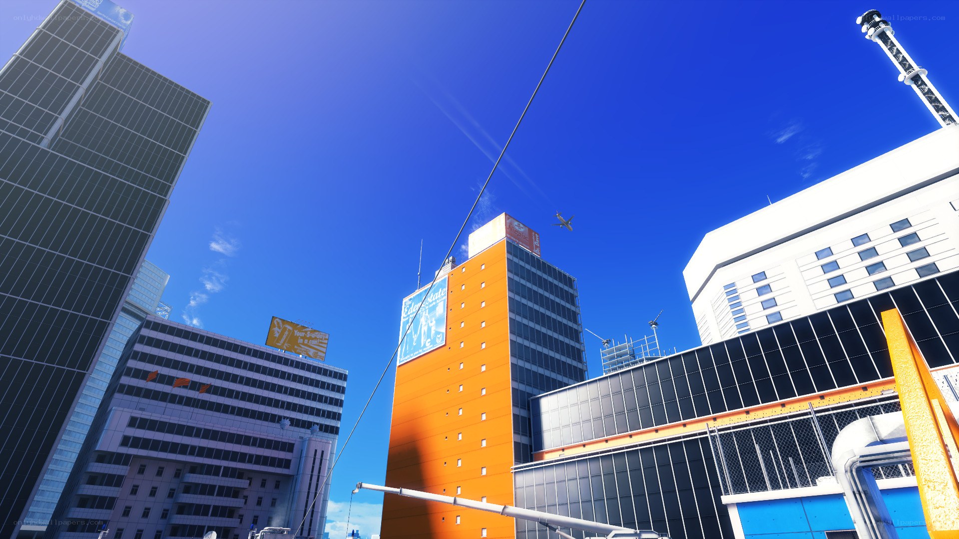 city skyline with orange building