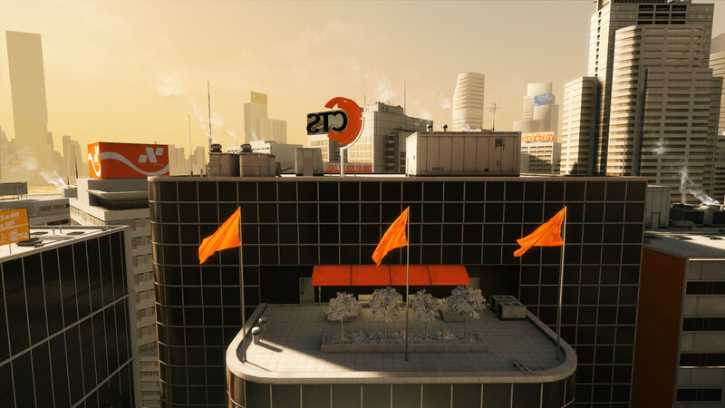 city skyline with orange flags