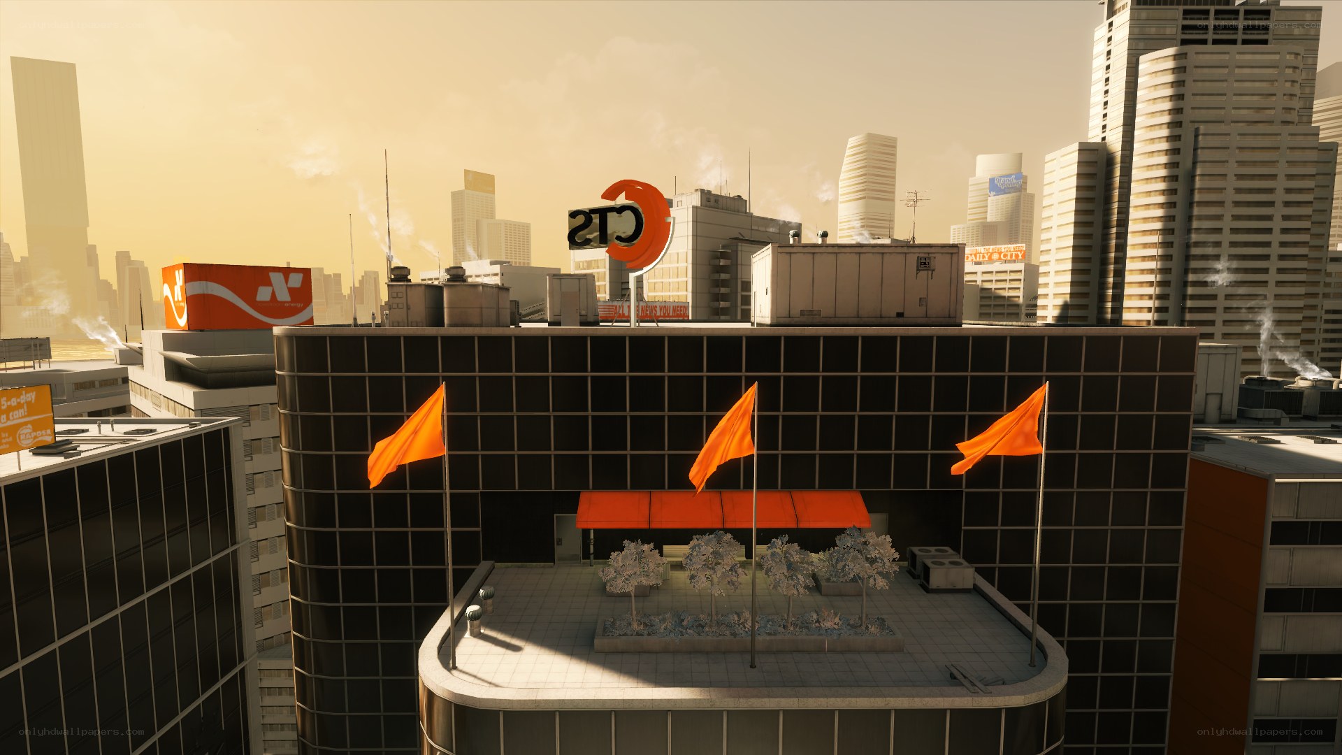 city skyline with orange flags
