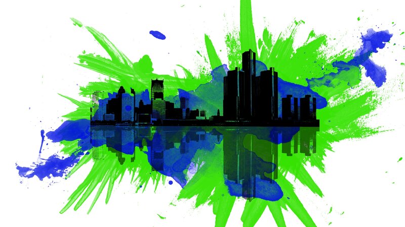city skyline with paint splatters