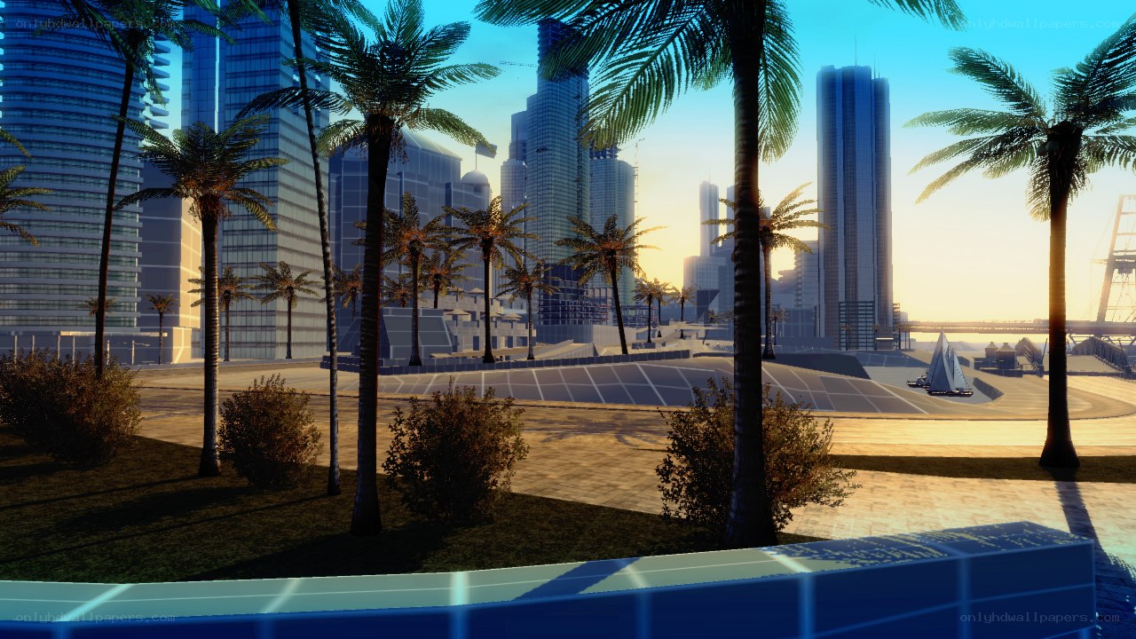 city skyline with palm trees