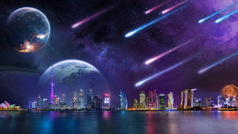 City Skyline with Planets — Purple