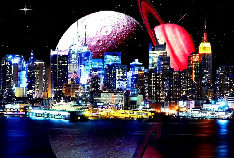 City Skyline with Planets