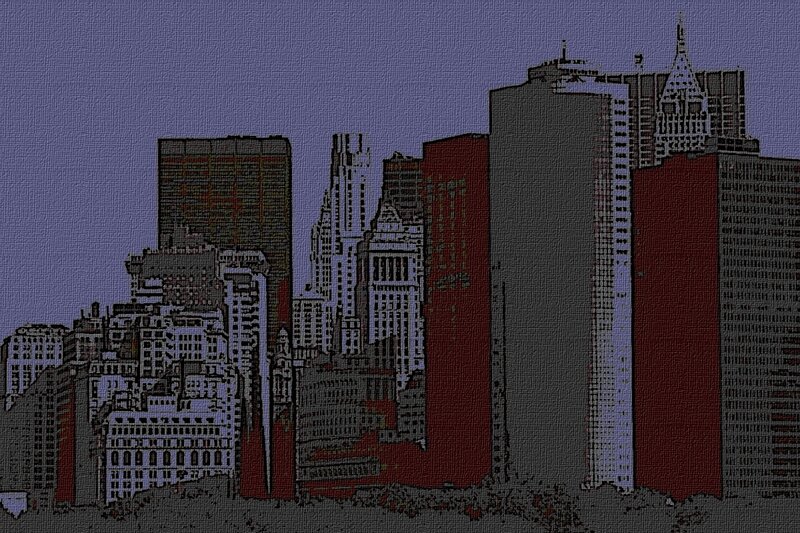 city skyline with red and gray buildings