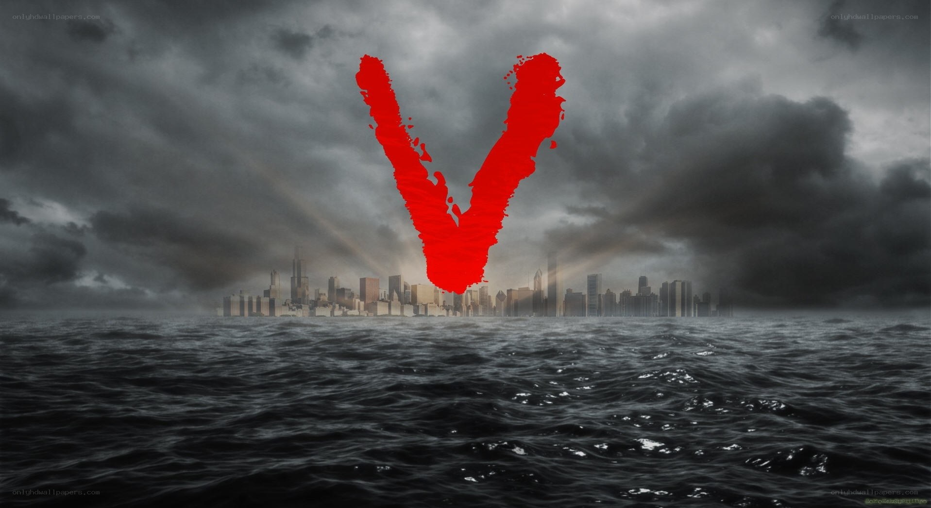 city skyline with red V
