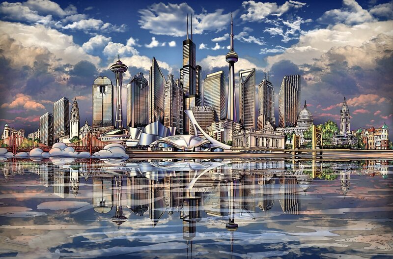 City Skyline with Reflection — Blue