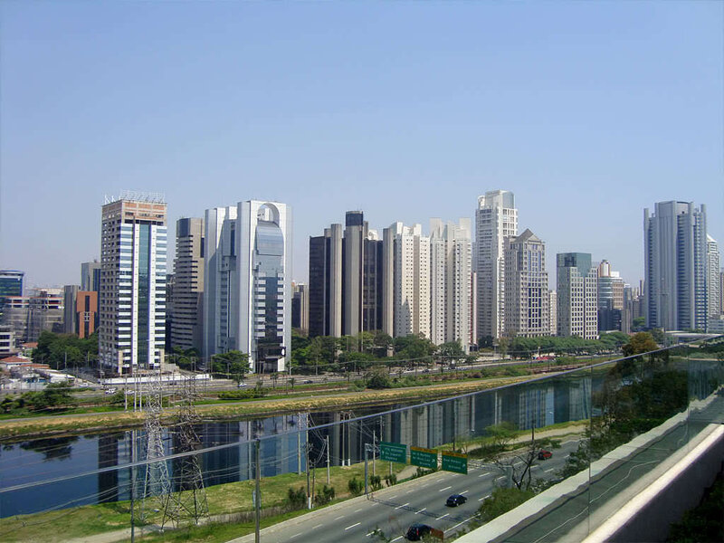 City skyline with river and highway