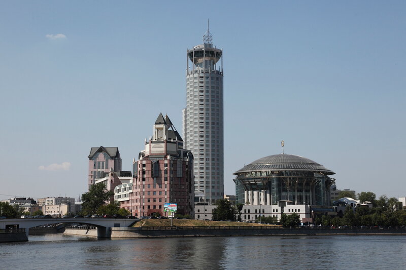 City skyline with river and modern buildings