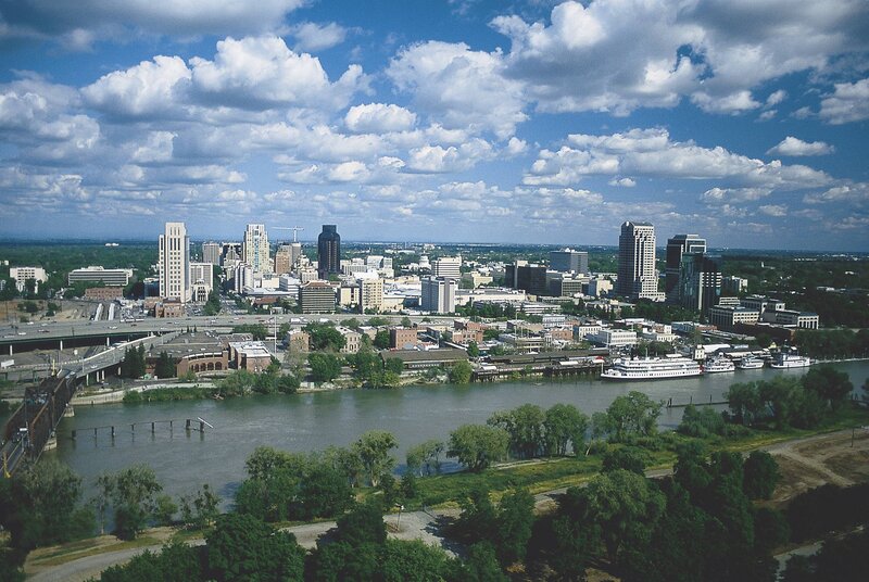 City Skyline with River — Blue