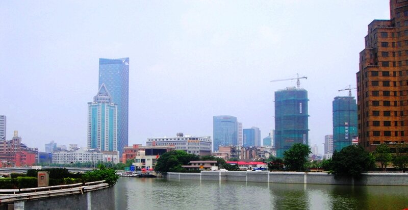 City Skyline with River — Gray