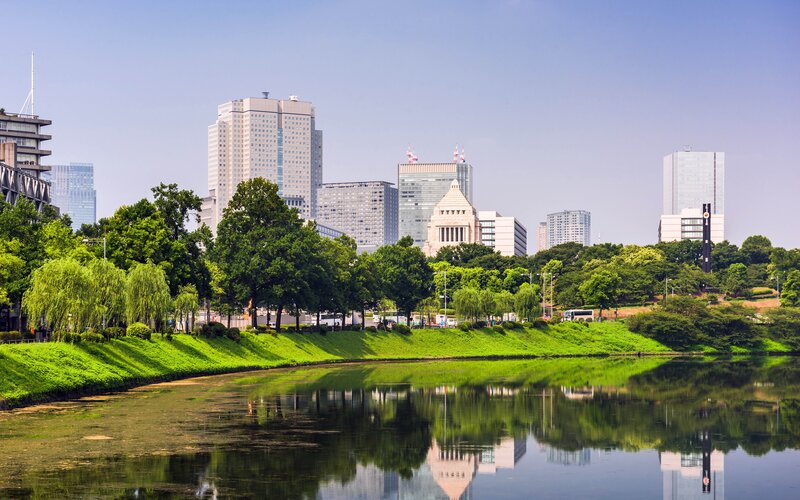 City Skyline with River — Green