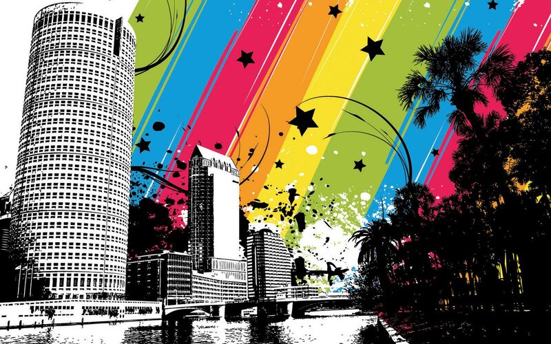City Skyline with River — Rainbow