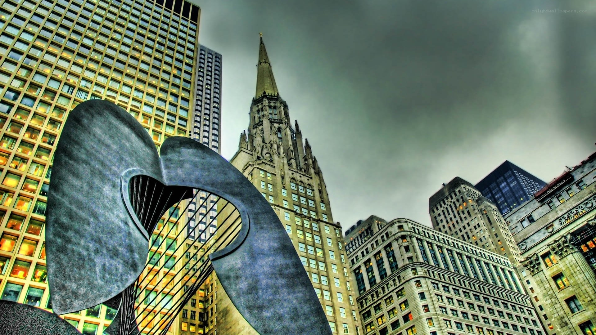City skyline with sculpture