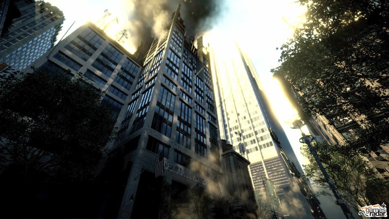 City skyline with smoke and fire